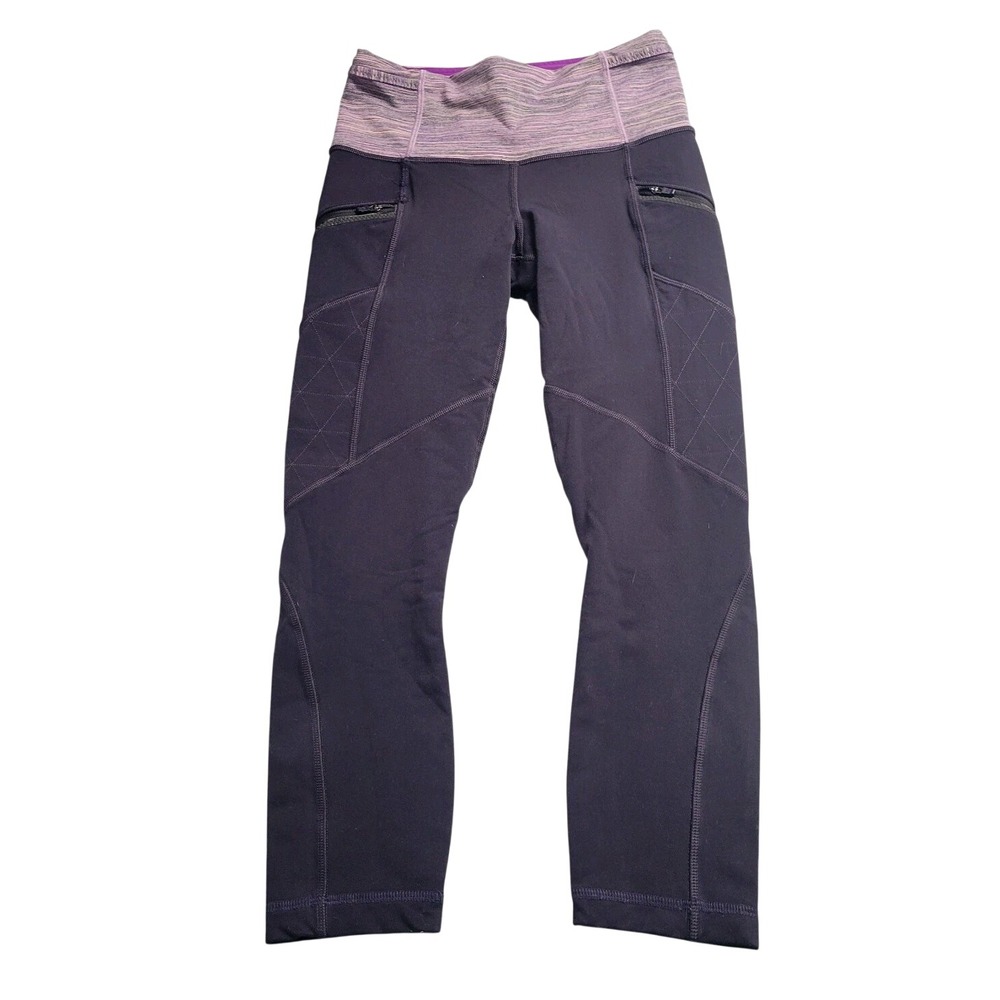 Lululemon Purple High‎ Rise Cropped Leggings Zipper Pockets Quilted Details Sz 4